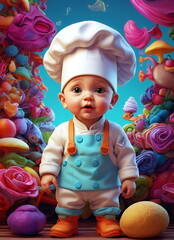 Cute cartoon baby cook in creative style sticker. Baby dressed as a chef and playing . Kitchen poster. Funny kids