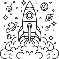 Space rocket in the sky with stars and clouds Vector illustration. Rocket coloring pages.