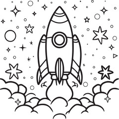 Space rocket in the sky with stars and clouds Vector illustration. Rocket coloring pages.
