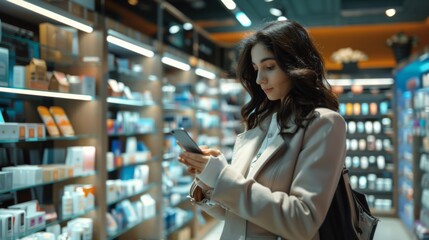 "Young woman shopping in a cosmetic store while browsing on her smartphone, surrounded by shelves with various beauty products."
