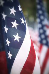 Closeup of an American flag in a row. Selective focus. Memorial Day, 4th of July, and Veterans Day concept or background.