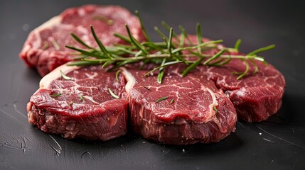 Obraz premium Intimate shot of premium goat steaks, showcasing each cut's unique characteristics for different culinary methods, on an isolated background with studio lighting