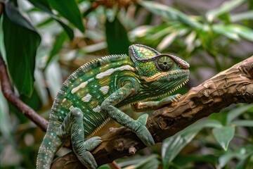 Fototapeta premium A veiled chameleon perched on a branch, slowly changing its skin color from green to brown as it blends into the background foliage.
