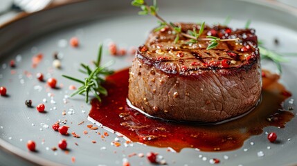Intimate shot of a sheep steak, focusing on the texture and decoration, presented on a plate against an isolated backdrop for ads