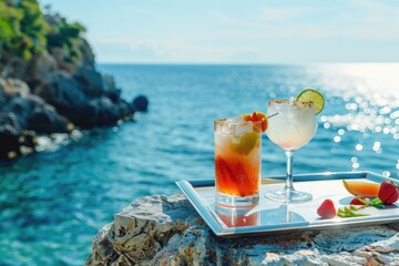 A seaside cocktail on a sunny day. and leave space on the right for the copy area. Highly detailed.