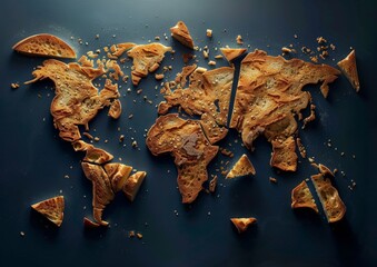 The world map in depth made from sliced bread