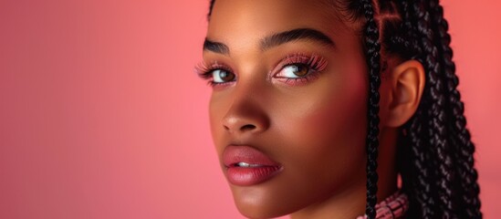 Beauty woman with braided hair on red background