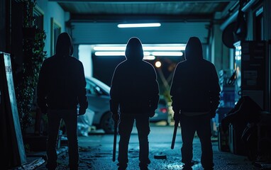 A gang of robbers standing in front of a store door at night