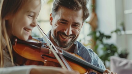 A bearded man smiling warmly as he guides a young girl playing the violin in a sunlit room.