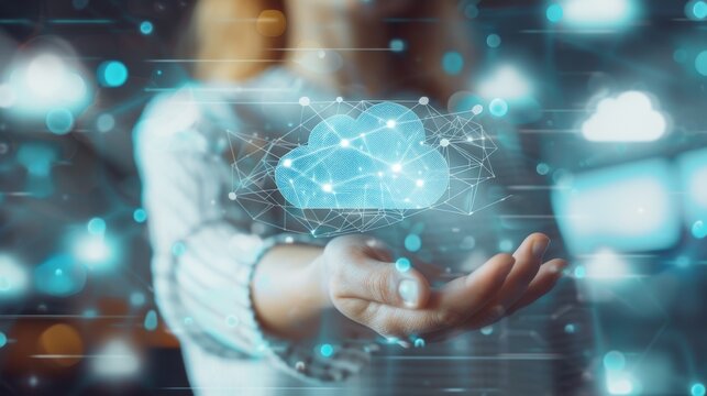 A person holding a holographic representation of a cloud, symbolizing cloud computing and data storage technology.