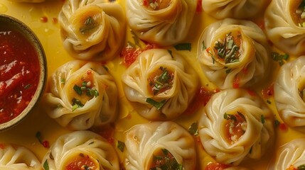 Top view of Mological dumplings with tomato sauce