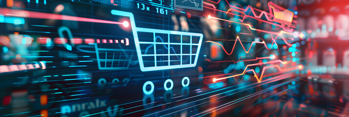 Visual Representation of E-Commerce Concept on a Computer Screen: Online Shopping Cart, Product Variety, and Sales Analysis Graph