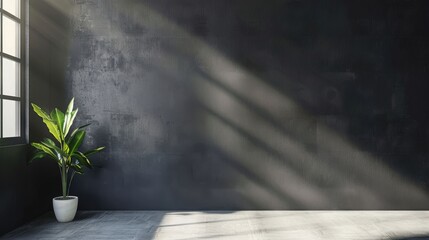 grey shadow studio showcase, shadow sunshine and sunbeam reflection on black and white empty room studio.