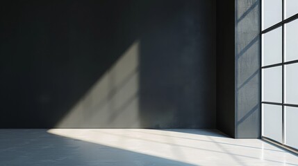 grey shadow studio showcase, shadow sunshine and sunbeam reflection on black and white empty room studio.