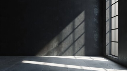 Obraz premium grey shadow studio showcase, shadow sunshine and sunbeam reflection on black and white empty room studio.