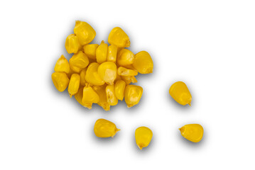 Top view or flat lay of fresh corn seeds isolated on white background with clipping path.