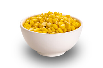 Fresh corn seeds in white ceramic bowl isolated on white background with clipping path.