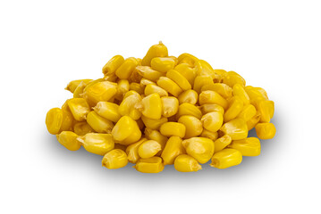 Closeup view pile of fresh corn seeds isolated on white background with clipping path