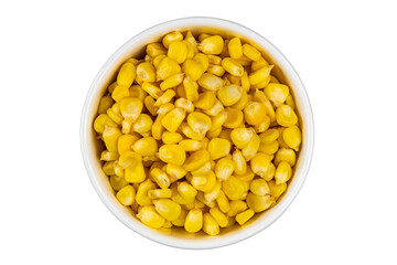 Top view of fresh corn seeds in white ceramic bowl isolated on white background with clipping path.