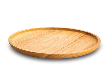 High angle view of empty round wooden plate isolated on white background with clipping path..