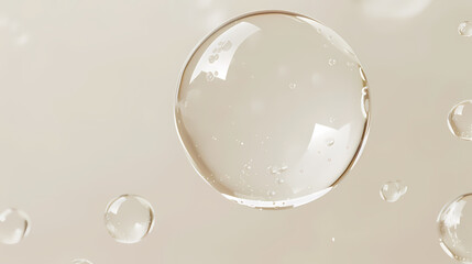 Several transparent water droplets float on a beige background, with light and elegant bubbles
