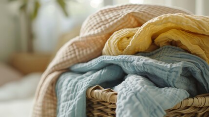 Obraz premium Freshly laundered, soft-colored clothes stacked in a basket, close-up view highlighting their plush and inviting texture