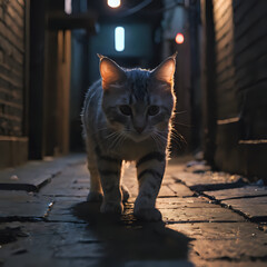 a cat walking down a dark alleyway at night