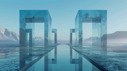 Majestic landscape with simple geometric mirror arches creating surreal reflections in a cinematic outdoor setting