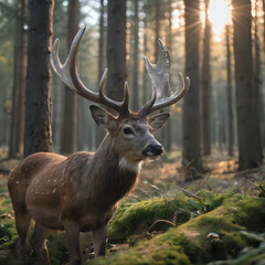 Obraz premium a deer is standing in the woods with the sun shining