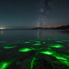 green algae glowing in the water under the stars
