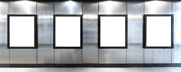 High-end electronics shop with four blank posters in sleek black frames, highlighted against a metallic silver wall, perfect for gadget releases or tech demonstrations.