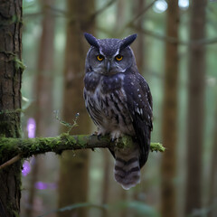 a gray owl sitting on a branch in the woods