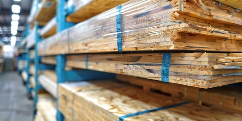 OSB sheets stacked neatly in hardware store warehouse for customer purchase. Concept Hardware Store Display, Building Materials, Retail Organization, Construction Supplies, Lumber Yard Display