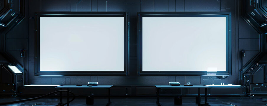 High-tech gadget lab with two blank posters in futuristic black frames, spotlighted on a graphite wall, ideal for showcasing innovative technology or hosting tech workshops.