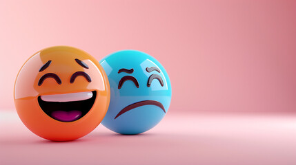 A photorealistic 3D  of a topaz laughing emoji next to a cobalt sad emoji, both on a solid pale pink background, highlighting contrast in emotions.