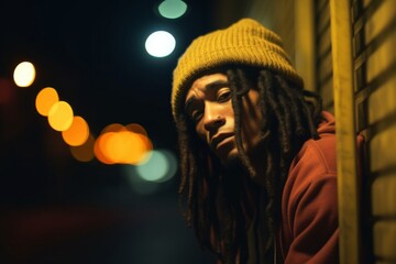 A portrait of a man with dreadlocks in the city at night