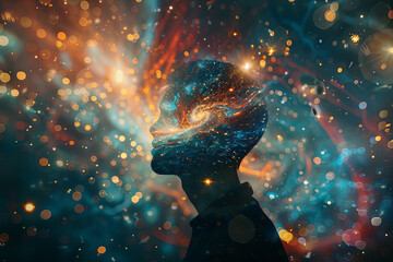 Abstract or surreal image representing the mind as a starry night sky, with a human figure at the center, radiating light and peace - Mental Health