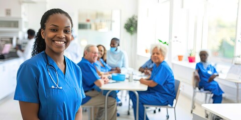 A young black nurse stands and smiles against the background of her colleagues sitting at the table in the resident's room. The doctors are at work.