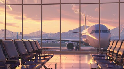 An empty airport waiting room against the background of an airliner in the parking lot in the early morning in a mountainous area. Copy space.