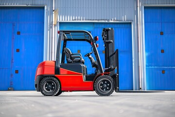 A red foreclift on the background of a blue warehouse. The concept of warehouse logistics.