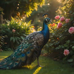 Obraz premium peacock standing in the grass with roses in the background