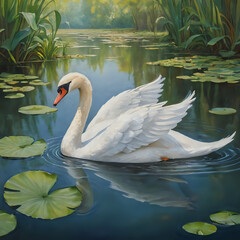 Obraz premium painting of a white swan floating in a pond with lily pads