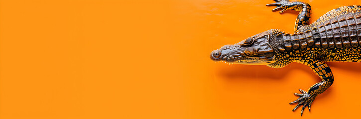 Crocodile web banner. Crocodile isolated on orange background with copy space.