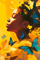 Art event featuring painting of happy woman with butterflies around her head, Dreamy Portrait of Woman with Butterflies, Celebrating Transformation and Liberation for Juneteenth Themes