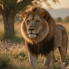 Naklejka premium a lion standing in the grass with a tree in the background