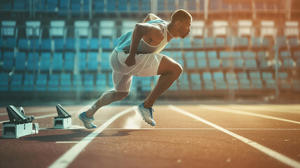 Sport. Sprinter leaving starting blocks on the running track