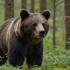 a brown bear walking through a forest with tall trees