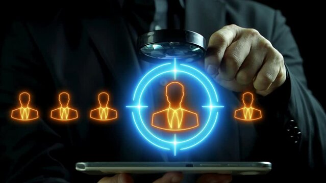 Human Resources HR management concept. Businessman holding magnifying glass to focus on employee for recruitment process to work efficiently and achieve sustainable business success. Team building.