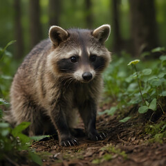 Obraz premium a raccoon that is walking through the woods