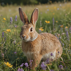 Fototapeta premium a rabbit that is standing in the grass with flowers